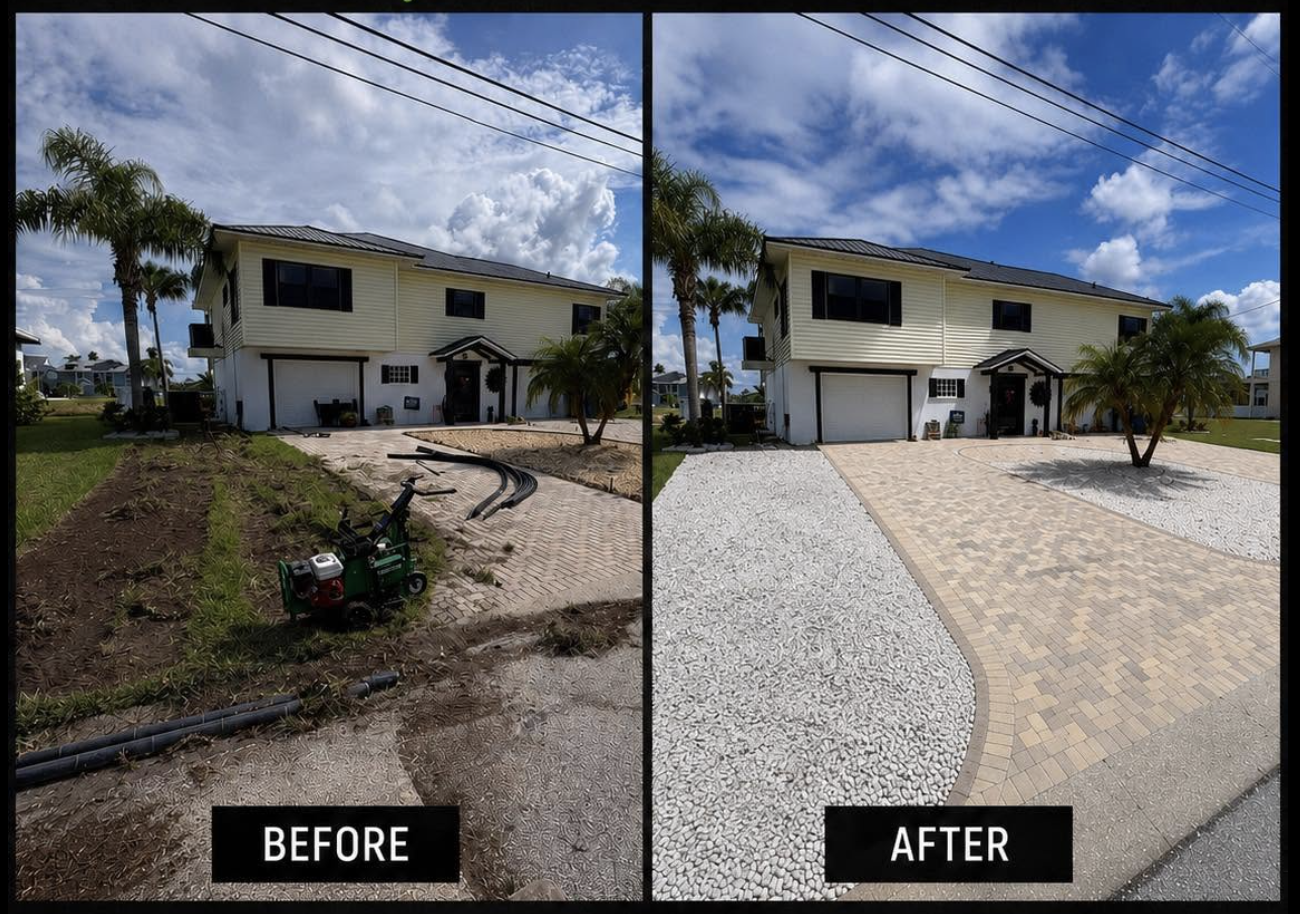 Before and after driveway paver installation